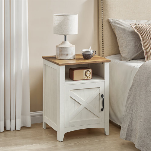 Bauman Farmhouse Nightstand, Bedside Table with a Cabinet and Open Compartment